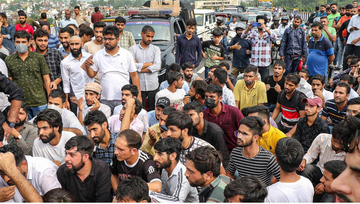 Gujjar and Bakerwal students protest against the introduction of the Bill granting reservation to Pahari people in Scheduled Tribe (ST) category in Jammu and Kashmir, in Jammu